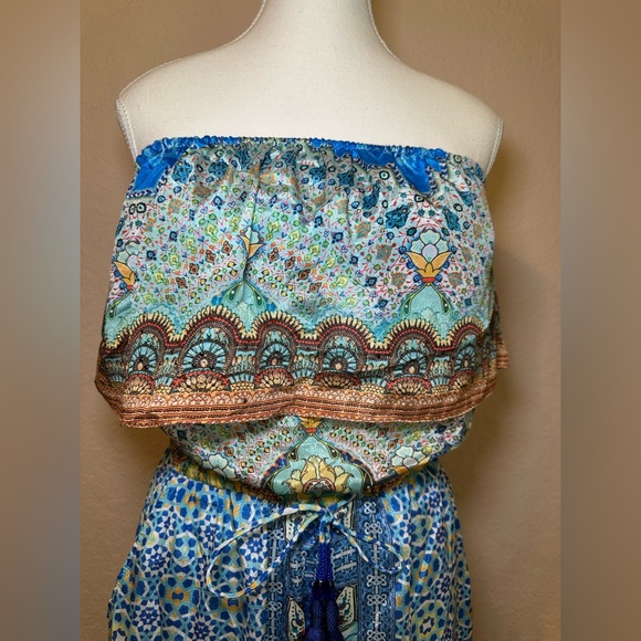 Shahida Parides‎ silk viscose strapless jumpsuit blue green pattern bohemian S/M - Picture 6 of 11